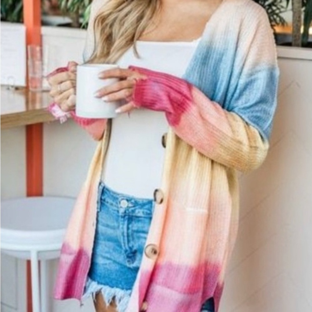 Pink Lily Colorful Gradient Distressed Women's Cardigan